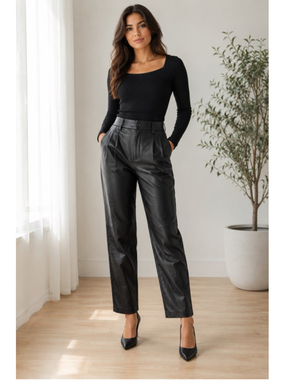 Antonio Melani Leather Pant Black High Rise Pleated Straight Leg 0 City Chic NWT